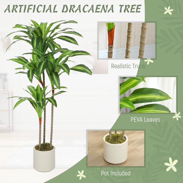 HOMCOM umělá Dracaena s nastavitelnými větvemi, bílý PP květináč s cementovou zátěží – listy PEVA, dřevěný kmen, 60 × 40 × 120 cm | Aosom