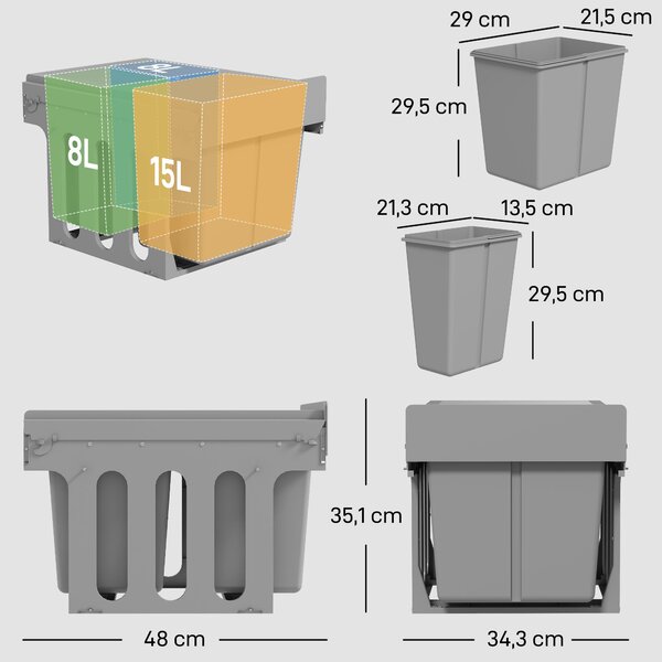 HOMCOM vysouvací odpadkový koš pod dřez, 3 vyjímatelné nádoby (15 l + 8 l + 8 l), spodní montáž, světle šedý | Aosom