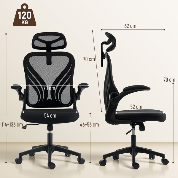 HOMCOM ergonomická kancelářská židle se síťovinou, skládací opěradlo, 2D nastavitelná opěrka hlavy, vyklápěcí područky, bederní podpora, houpání a 360