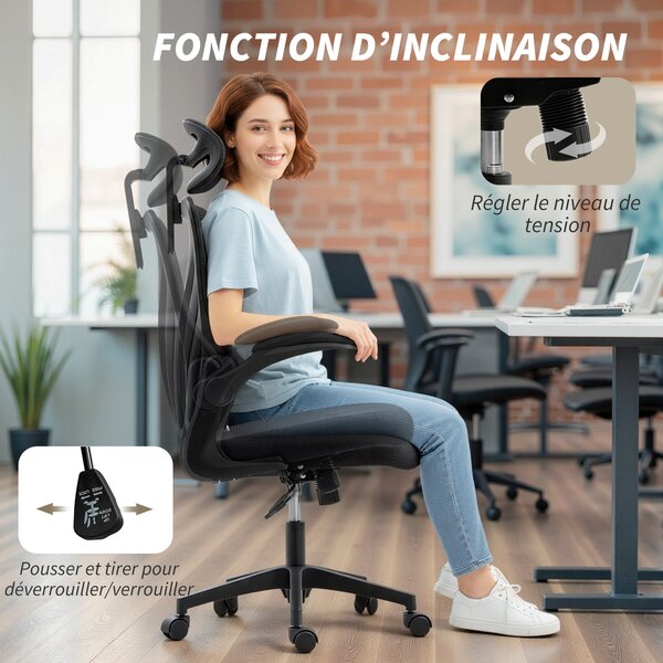 HOMCOM ergonomická kancelářská židle se síťovinou, skládací opěradlo, 2D nastavitelná opěrka hlavy, vyklápěcí područky, bederní podpora, houpání a 360