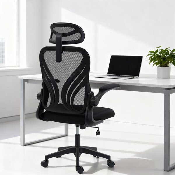 HOMCOM ergonomická kancelářská židle se síťovinou, skládací opěradlo, 2D nastavitelná opěrka hlavy, vyklápěcí područky, bederní podpora, houpání a 360