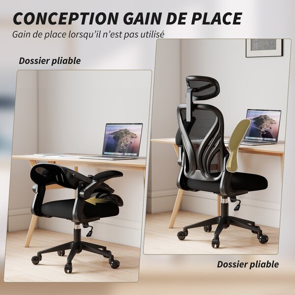 HOMCOM ergonomická kancelářská židle se síťovinou, skládací opěradlo, 2D nastavitelná opěrka hlavy, vyklápěcí područky, bederní podpora, houpání a 360