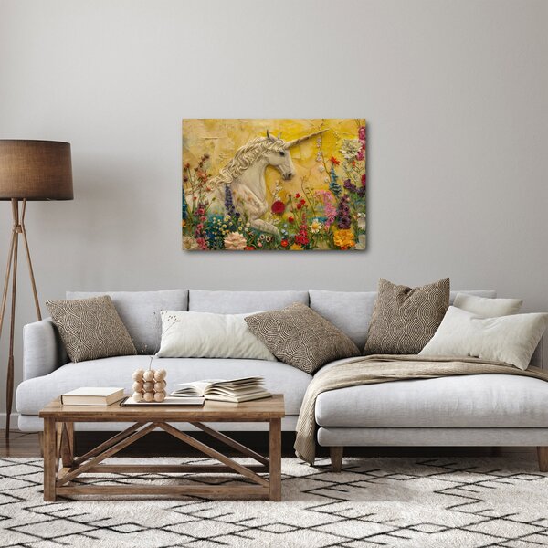 Obraz - Jednorožec s květinami (70x50 cm)