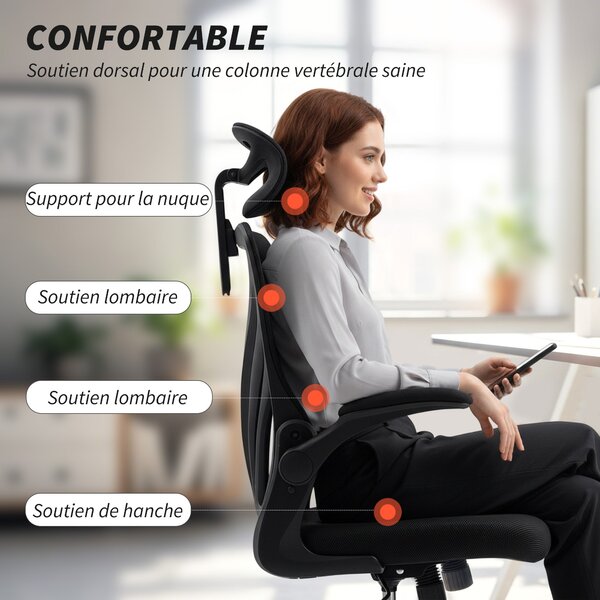 HOMCOM ergonomická kancelářská židle se síťovinou, skládací opěradlo, 2D nastavitelná opěrka hlavy, vyklápěcí područky, bederní podpora, houpání a 360