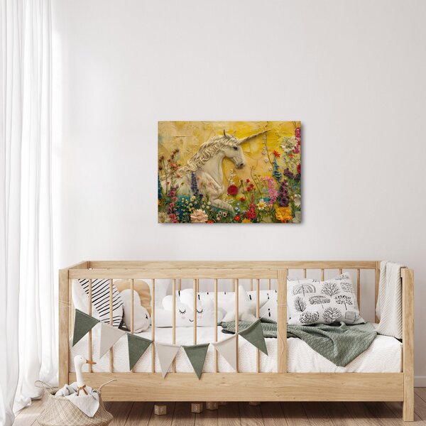 Obraz - Jednorožec s květinami (70x50 cm)