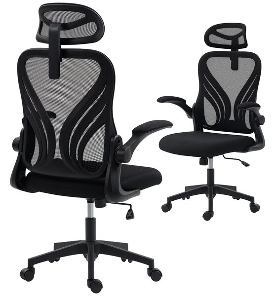 HOMCOM ergonomická kancelářská židle se síťovinou, skládací opěradlo, 2D nastavitelná opěrka hlavy, vyklápěcí područky, bederní podpora, houpání a 360
