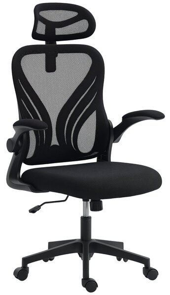 HOMCOM ergonomická kancelářská židle se síťovinou, skládací opěradlo, 2D nastavitelná opěrka hlavy, vyklápěcí područky, bederní podpora, houpání a 360