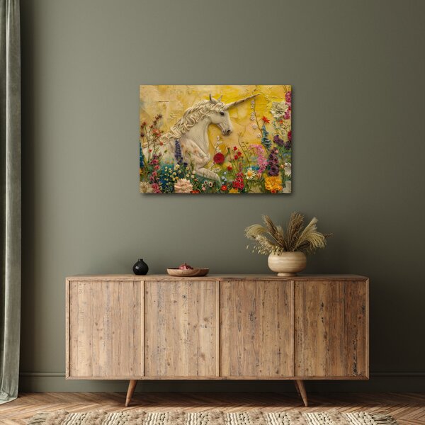Obraz - Jednorožec s květinami (70x50 cm)