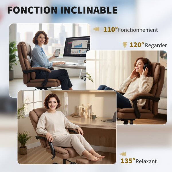 HOMCOM ergonomická kancelářská židle s opěrkou nohou — nastavitelná výška, bederní opora, 360° otáčení, eko-kůže, hnědá | Aosom