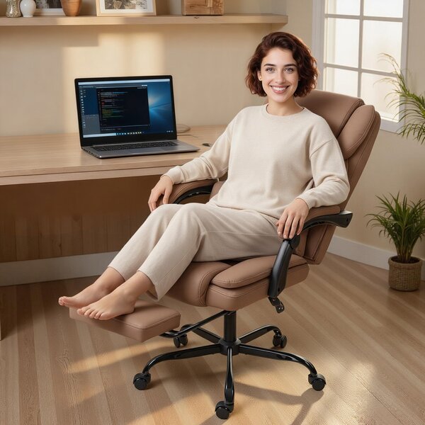 HOMCOM ergonomická kancelářská židle s opěrkou nohou — nastavitelná výška, bederní opora, 360° otáčení, eko-kůže, hnědá | Aosom