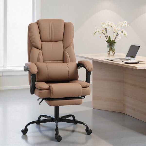 HOMCOM ergonomická kancelářská židle s opěrkou nohou — nastavitelná výška, bederní opora, 360° otáčení, eko-kůže, hnědá | Aosom
