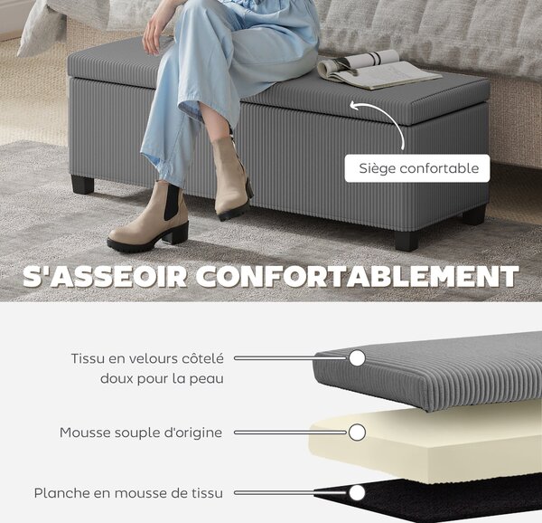 HOMCOM manšestrová lavice s úložným prostorem 84 l s víkem, šedá — 112 × 42 × 40 cm | Aosom