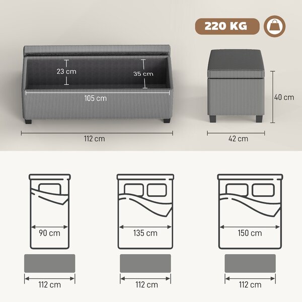 HOMCOM manšestrová lavice s úložným prostorem 84 l s víkem, šedá — 112 × 42 × 40 cm | Aosom