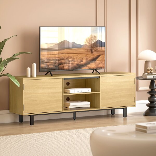 HOMCOM TV stolek 160 cm – pro TV do 165 cm (65 palců), 2 bezúchytková dvířka, 2 otevřené police, kovové nohy, přírodní dekor | Aosom