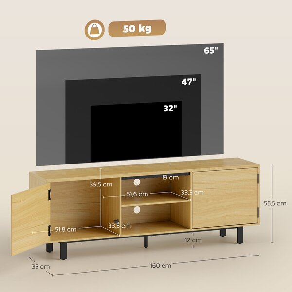 HOMCOM TV stolek 160 cm – pro TV do 165 cm (65 palců), 2 bezúchytková dvířka, 2 otevřené police, kovové nohy, přírodní dekor | Aosom