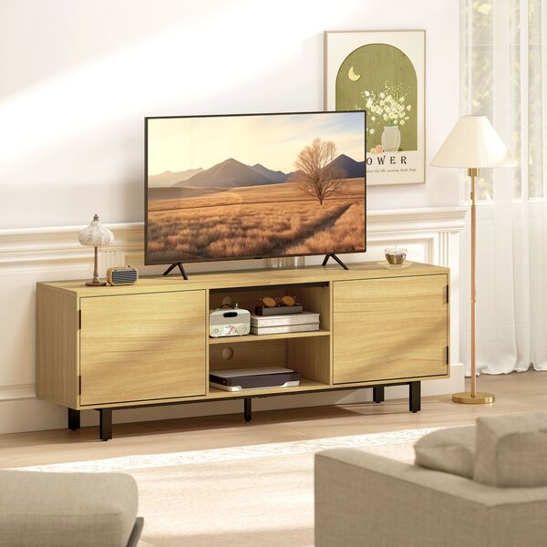HOMCOM TV stolek 160 cm – pro TV do 165 cm (65 palců), 2 bezúchytková dvířka, 2 otevřené police, kovové nohy, přírodní dekor | Aosom