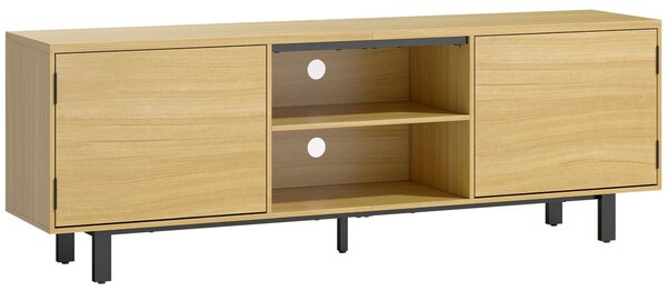 HOMCOM TV stolek 160 cm – pro TV do 165 cm (65 palců), 2 bezúchytková dvířka, 2 otevřené police, kovové nohy, přírodní dekor | Aosom