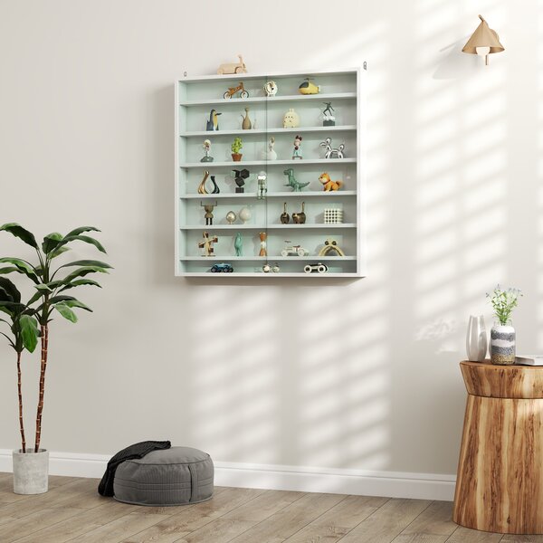 HOMCOM nástěnná vitrína na sběratelské předměty, 80 × 9,5 × 83 cm, 6 nastavitelných polic, 2 posuvné skleněné dveře, bílá — pro figurky a modelová aut