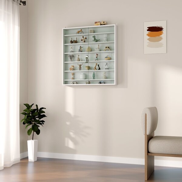 HOMCOM nástěnná vitrína na sběratelské předměty, 80 × 9,5 × 83 cm, 6 nastavitelných polic, 2 posuvné skleněné dveře, bílá — pro figurky a modelová aut