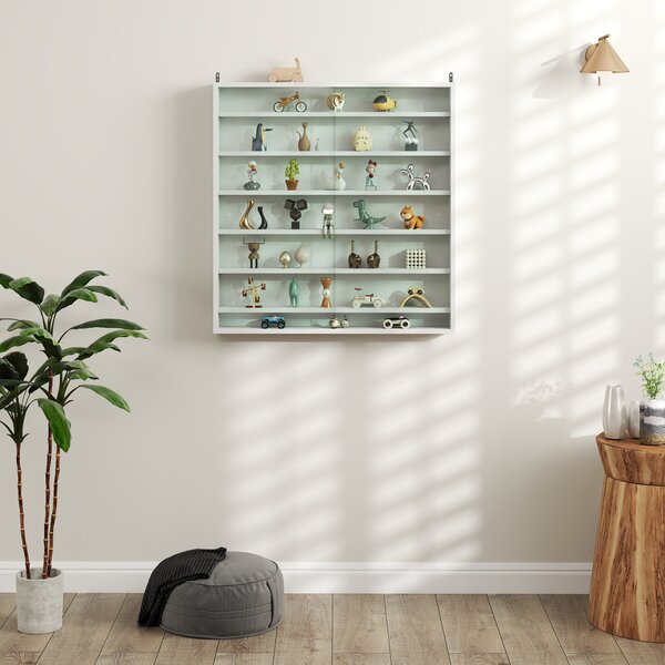 HOMCOM nástěnná vitrína na sběratelské předměty, 80 × 9,5 × 83 cm, 6 nastavitelných polic, 2 posuvné skleněné dveře, bílá — pro figurky a modelová aut