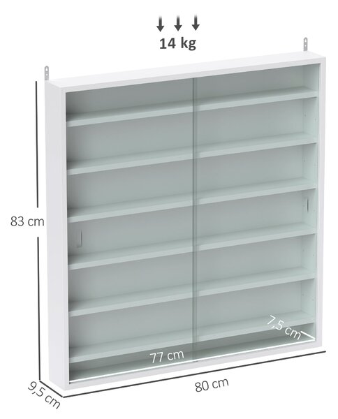 HOMCOM nástěnná vitrína na sběratelské předměty, 80 × 9,5 × 83 cm, 6 nastavitelných polic, 2 posuvné skleněné dveře, bílá — pro figurky a modelová aut