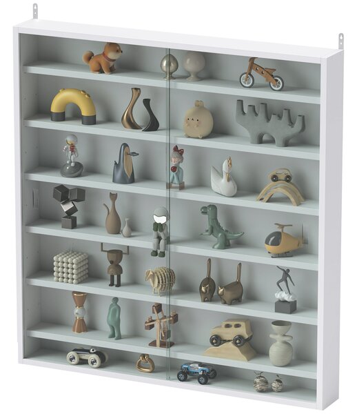 HOMCOM nástěnná vitrína na sběratelské předměty, 80 × 9,5 × 83 cm, 6 nastavitelných polic, 2 posuvné skleněné dveře, bílá — pro figurky a modelová aut