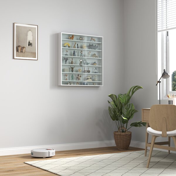 HOMCOM nástěnná vitrína na sběratelské předměty, 80 × 9,5 × 83 cm, 6 nastavitelných polic, 2 posuvné skleněné dveře, bílá — pro figurky a modelová aut