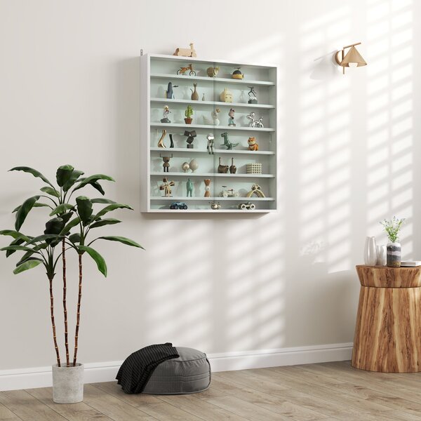 HOMCOM nástěnná vitrína na sběratelské předměty, 80 × 9,5 × 83 cm, 6 nastavitelných polic, 2 posuvné skleněné dveře, bílá — pro figurky a modelová aut