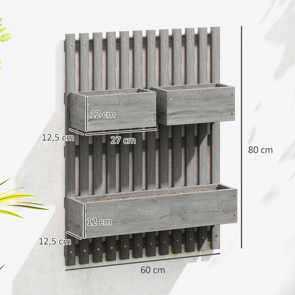 Outsunny nástěnný vertikální truhlík — 3 odnímatelné truhlíky z masivní jedle s netkanými vložkami, 60 × 16 × 80 cm (šedá) | Aosom