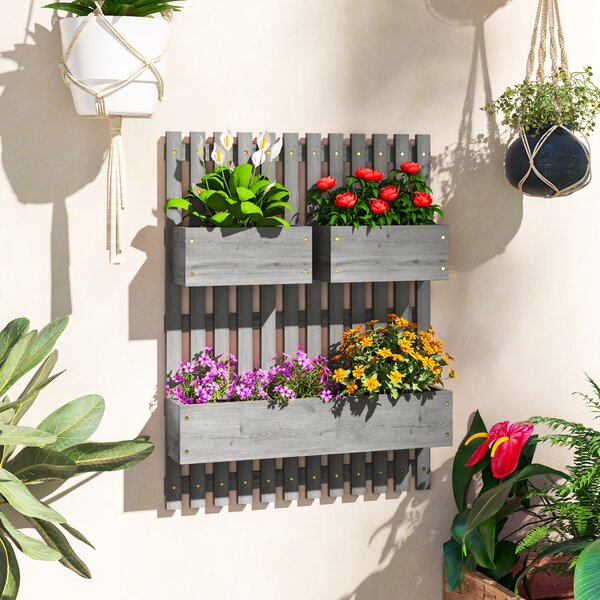 Outsunny nástěnný vertikální truhlík — 3 odnímatelné truhlíky z masivní jedle s netkanými vložkami, 60 × 16 × 80 cm (šedá) | Aosom