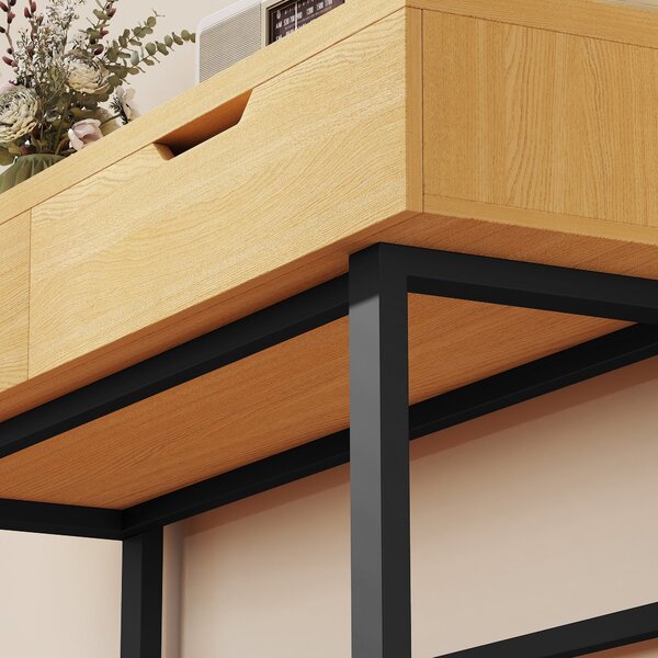 HOMCOM Úzký konzolový stolek se 2 zásuvkami, průmyslový kovový rám, přírodní – 110 × 35 × 76,5 cm | Aosom