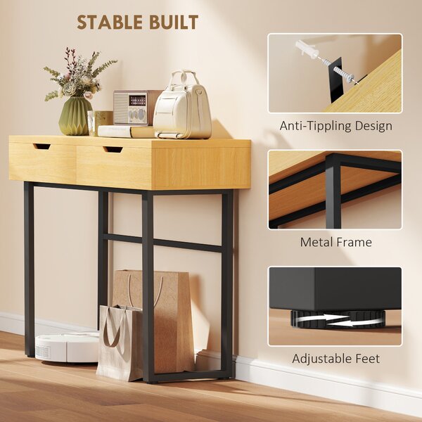 HOMCOM Úzký konzolový stolek se 2 zásuvkami, průmyslový kovový rám, přírodní – 110 × 35 × 76,5 cm | Aosom