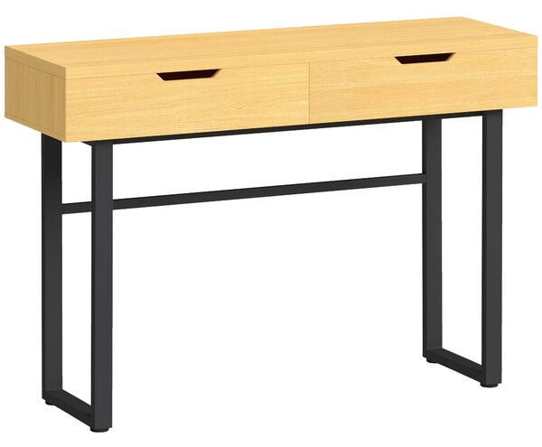 HOMCOM Úzký konzolový stolek se 2 zásuvkami, průmyslový kovový rám, přírodní – 110 × 35 × 76,5 cm | Aosom