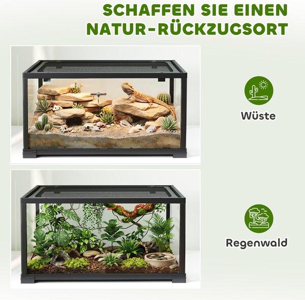 PawHut skleněné terárium pro plazy, bezpečné posuvné dveře s dvojitým zámkem, černé – 60 x 45 x 32 cm (86,3 l) | Aosom