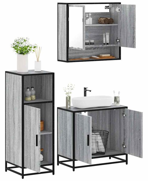 3dílný set koupelnového nábytku šedý sonoma kompozitní dřevo 3300978