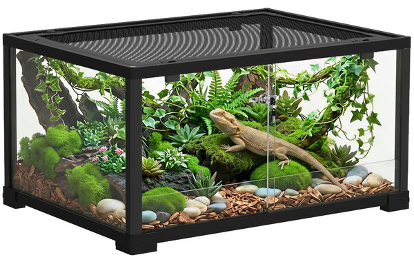 PawHut skleněné terárium pro plazy, bezpečné posuvné dveře s dvojitým zámkem, černé – 60 x 45 x 32 cm (86,3 l) | Aosom