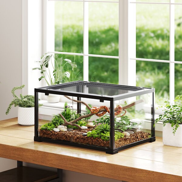 PawHut skleněné terárium pro plazy, bezpečné posuvné dveře s dvojitým zámkem, černé – 60 x 45 x 32 cm (86,3 l) | Aosom