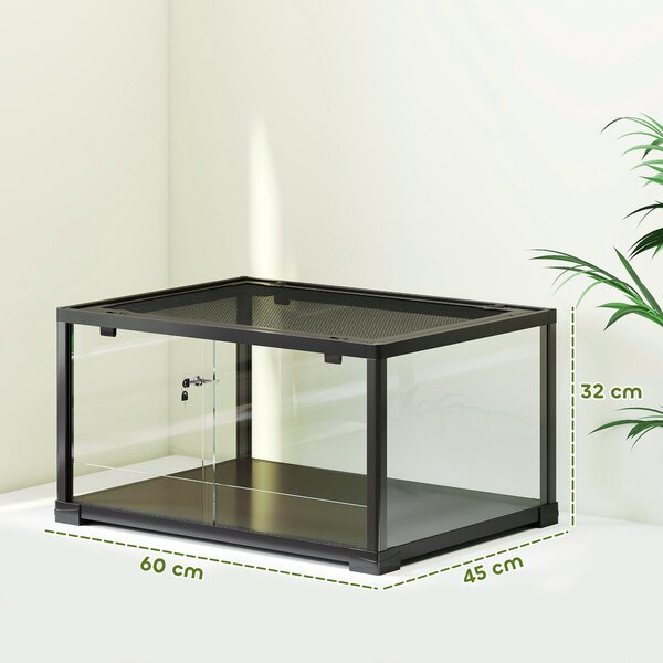 PawHut skleněné terárium pro plazy, bezpečné posuvné dveře s dvojitým zámkem, černé – 60 x 45 x 32 cm (86,3 l) | Aosom