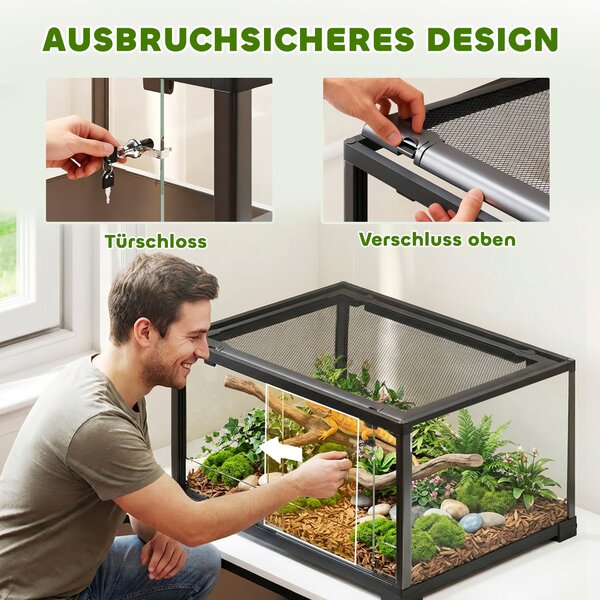 PawHut skleněné terárium pro plazy, bezpečné posuvné dveře s dvojitým zámkem, černé – 60 x 45 x 32 cm (86,3 l) | Aosom