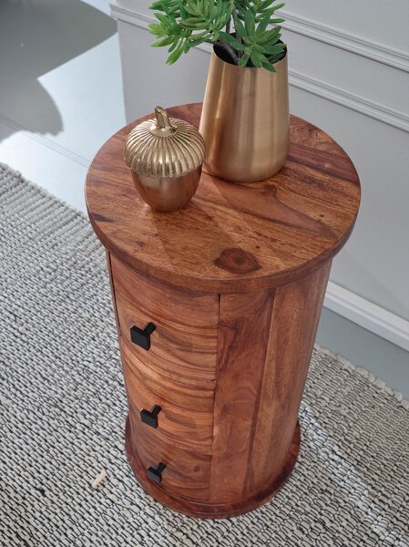 FineBuy Design Pr√≠born√√√≠k Sheesham masiv √ò 35 cm | Zásuvková komoda | Boční skříňka, plná | Mini komoda, hnědá