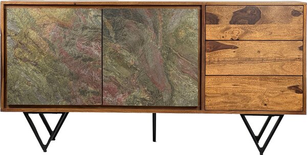 WOHNLING Komoda z masivního dřeva sheesham 150 x 40 x 55 cm Komoda se 2 dvířky a 3 zásuvkami Úložný prostor Komoda s čely v 3D kamenném vzhledu Nábytek do obývacího pokoje