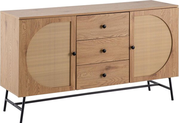 Komoda 140x80x40 cm Imitace dub s ratanovým výpletem moderní, vysoká komoda, stojací skříň se 2 dvířky a 3 šuplíky, příborník obývací pokoj | Wohnling