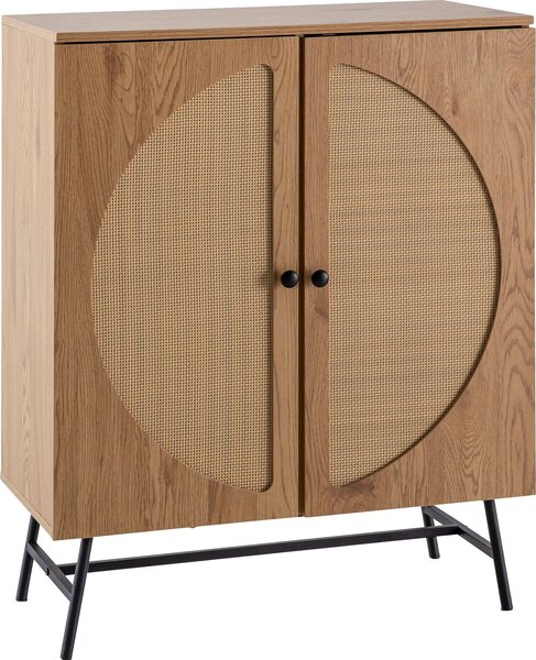 Příborník 80x103x39 cm Imitace highboard dub s ratanovým výpletem moderní, vysoká komoda, stojací skříň se 2 dveřmi, komoda příborník obývací pokoj | Wohnling