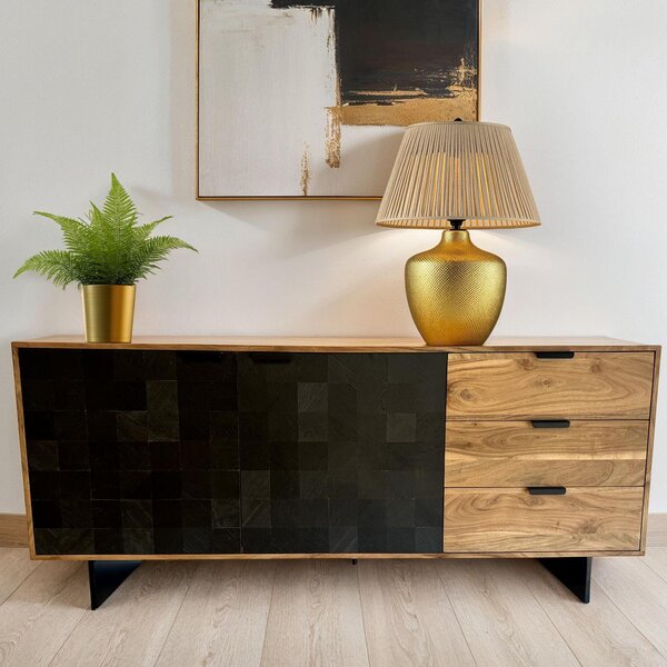 WOHNLING Komoda 175 x 76 x 40 cm z masivního akáciového dřeva s kamenným vzhledem Vysoká moderní komoda se 2 dvířky a 3 zásuvkami