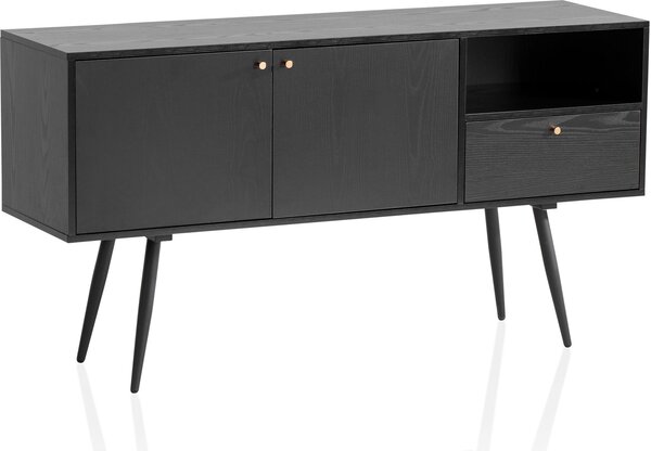 Komoda 140x75x40 cm černá s dubovým dekorem nadčasová, vysoká komoda, stojací skříň obývací pokoj se 2 dvířky a zásuvkou, komoda s otevřenou přihrádkou | Wohnling