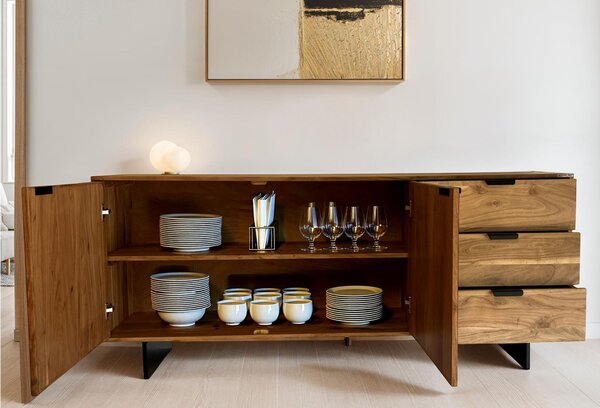 WOHNLING Komoda 175 x 76 x 40 cm z masivního akáciového dřeva s kamenným vzhledem Vysoká moderní komoda se 2 dvířky a 3 zásuvkami