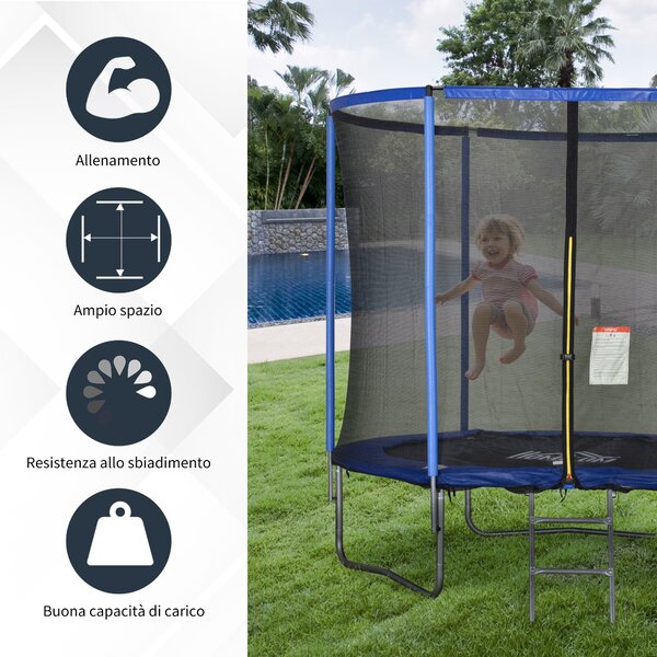 HOMCOM Dětský a Dospělácký Trampolína do Zahrady s Elastickou Podložkou a Ochrannou Sítí, Žebřík a Polstrované Okraje, Ø244x240cm, Modrá a Černá | Aos