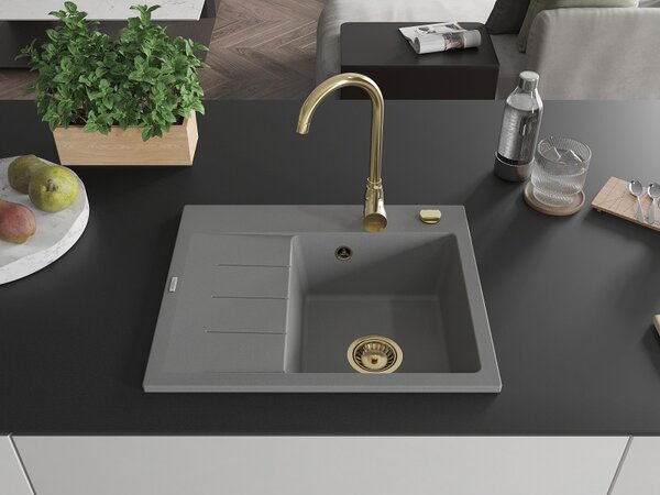 Mexen Ben, 1-komorový granitový dřez 600x500x190 mm, pravý + zlatý sifon, šedá, 6523605000-71-G