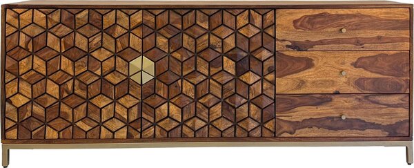 WOHNLING Komoda z masivního dřeva sheesham, 180 cm, s 2 dvířky a 3 zásuvkami, moderní design s geometrickým vzorem, komoda do obývacího pokoje a jídelny