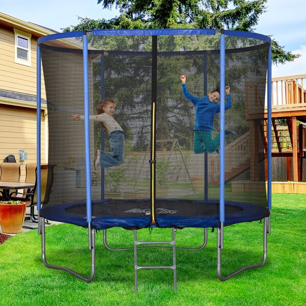 HOMCOM Dětský a Dospělácký Trampolína do Zahrady s Elastickou Podložkou a Ochrannou Sítí, Žebřík a Polstrované Okraje, Ø244x240cm, Modrá a Černá | Aos